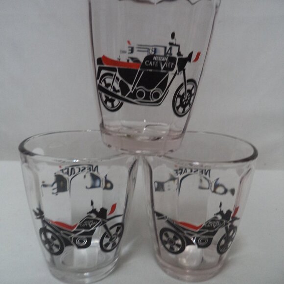 Nescafe Cafe Viet juice tumbler glass 3.7"  Motorcycle Set 3 clear black red NEW - Picture 1 of 11